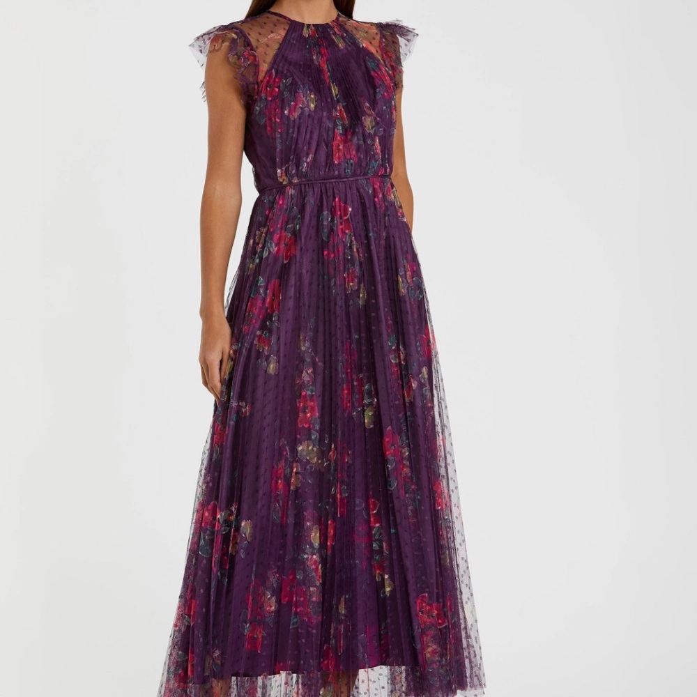 MAC DUGGAL FLORAL FLUTTER SLEEVE MIDI DRESS L
